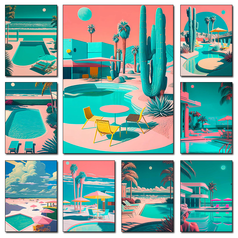 Interior Design Drawing - Retro Futuristic Beachside Palm Trees Desert